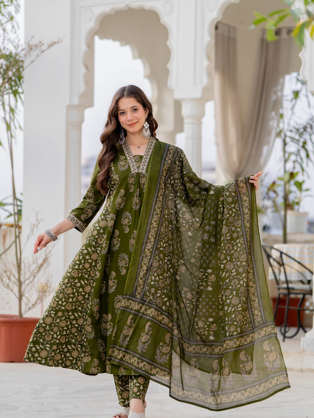 GEKHA Women’s Cotton Printed Flared Kurta Set with Pants & Dupatta | Elegant Ethnic Wear for Women | Floral Print | Comfortable Suit Set