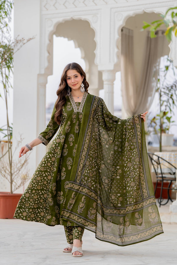 GEKHA Women’s Cotton Printed Flared Kurta Set with Pants & Dupatta | Elegant Ethnic Wear for Women | Floral Print | Comfortable Suit Set