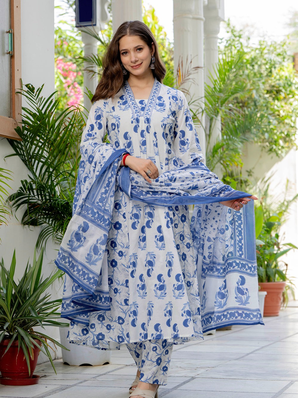 GEKHA Women’s Cotton Printed Flared Kurta Set with Pants & Dupatta | Elegant Ethnic Wear for Women | Floral Print | Comfortable Suit Set