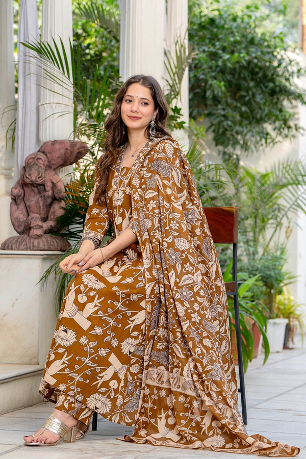 GEKHA Women’s Cotton Printed straight Kurta Set with Pants & Dupatta | Elegant Ethnic Wear for Women | Floral Print | Comfortable Suit Set