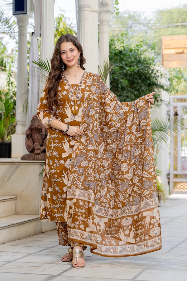 GEKHA Women’s Cotton Printed straight Kurta Set with Pants & Dupatta | Elegant Ethnic Wear for Women | Floral Print | Comfortable Suit Set