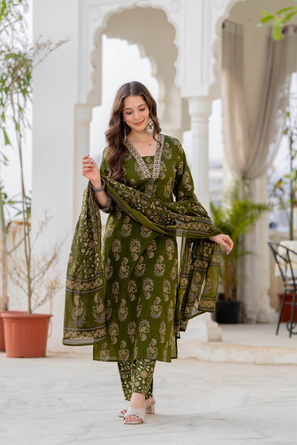 Cotton Printed straight Kurta Set with Pants & Dupatta