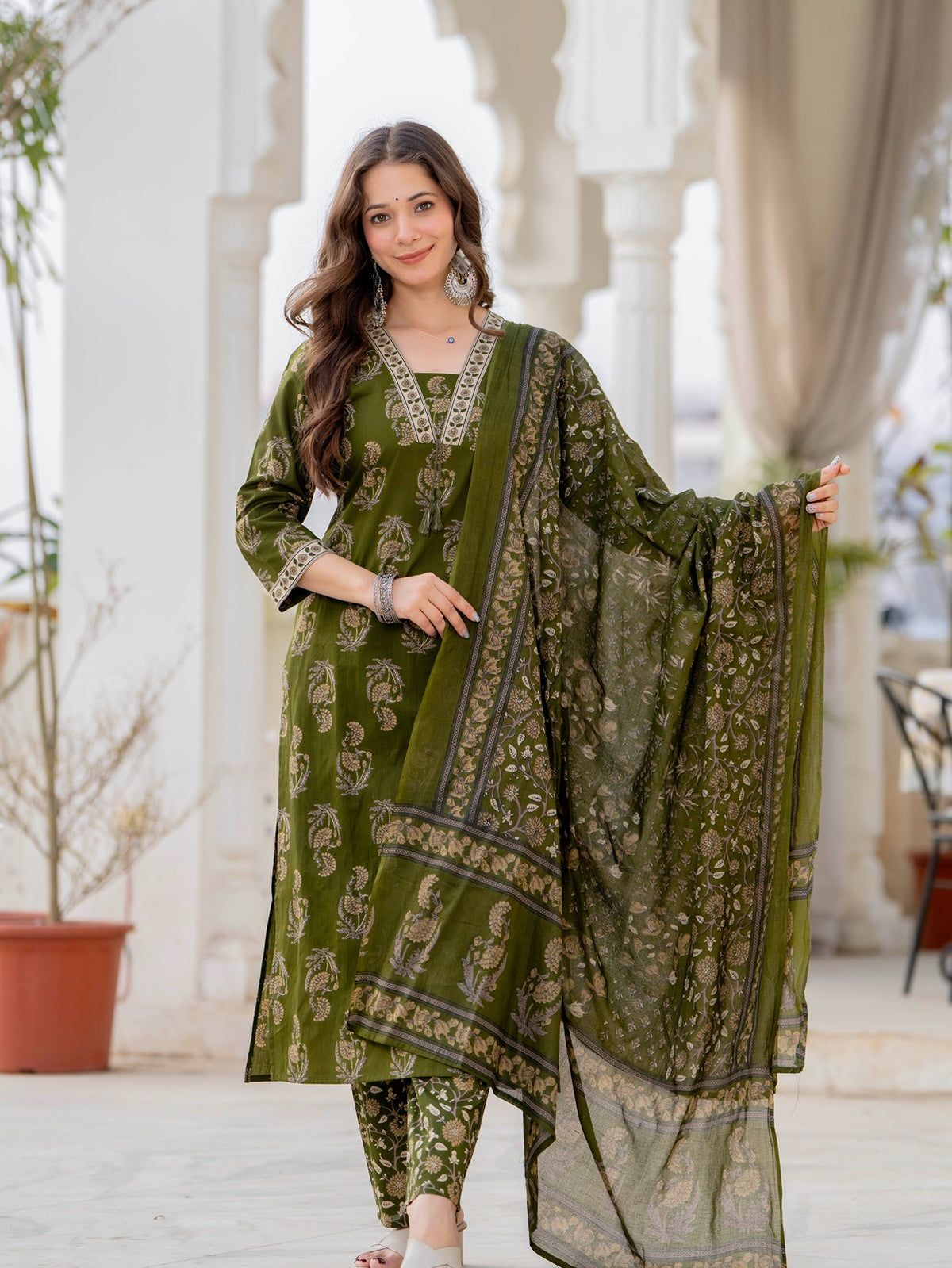 Cotton Printed straight Kurta Set with Pants & Dupatta