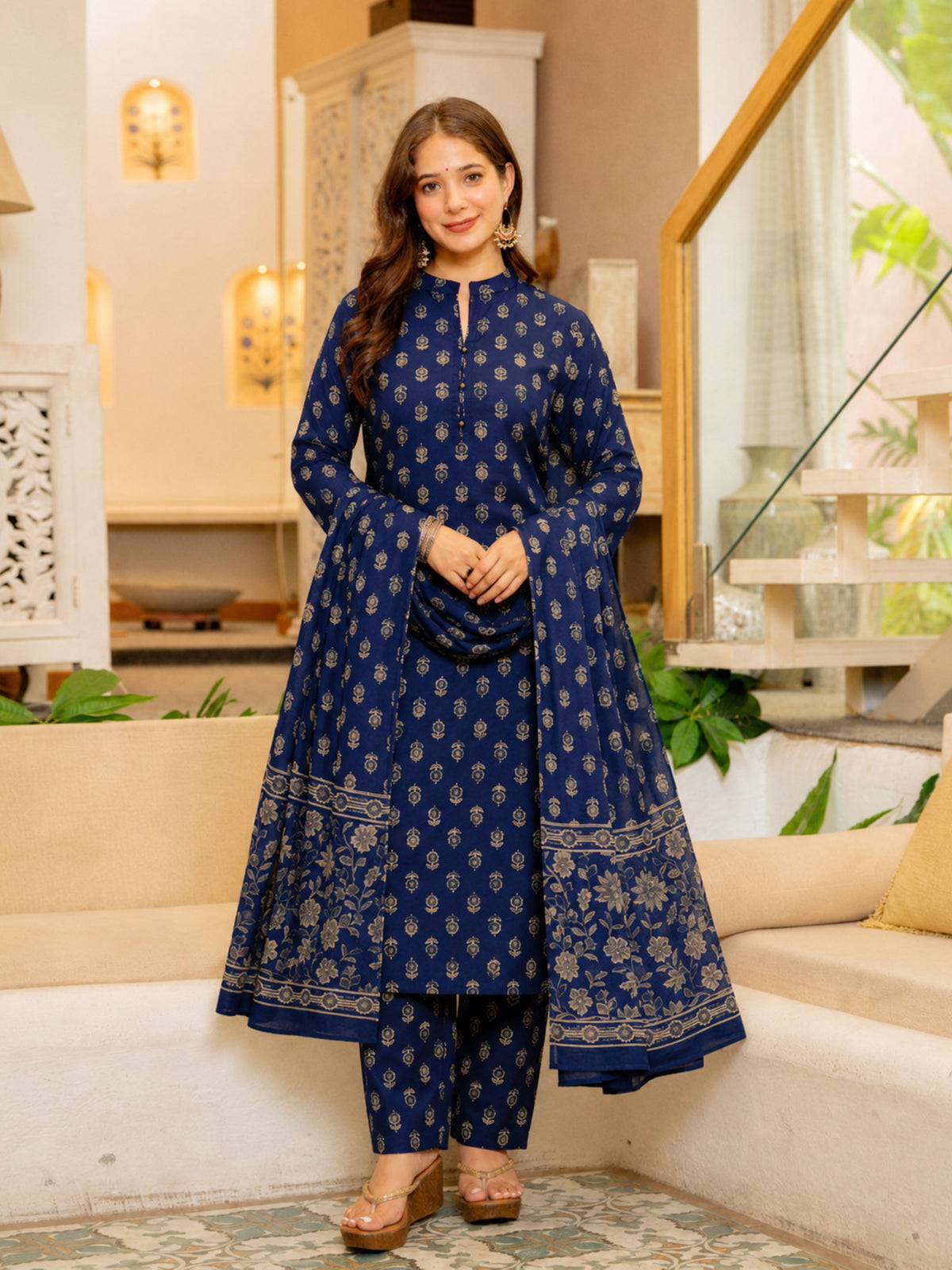 Pure Cotton Straight Kurta Set with Palazzo Pants & Dupatta Blue