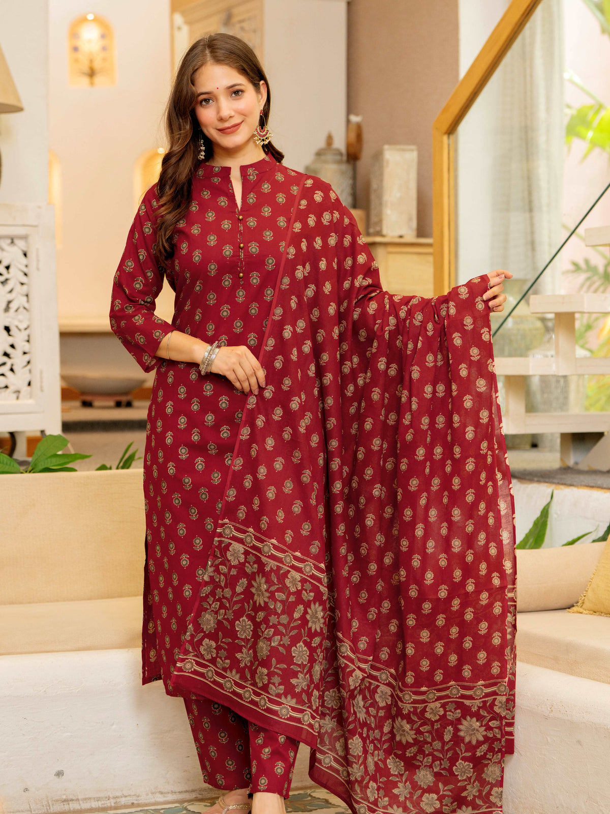 Cotton Straight Kurta Set with Palazzo Pants & Dupatta