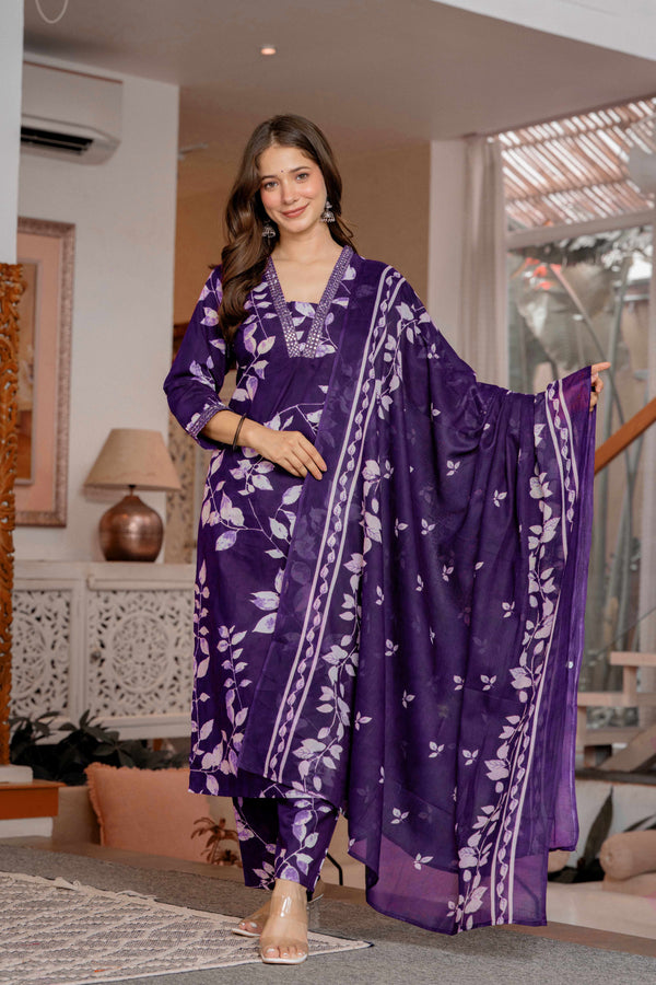 Cotton Printed straight Kurta Set with Pants & Dupatta