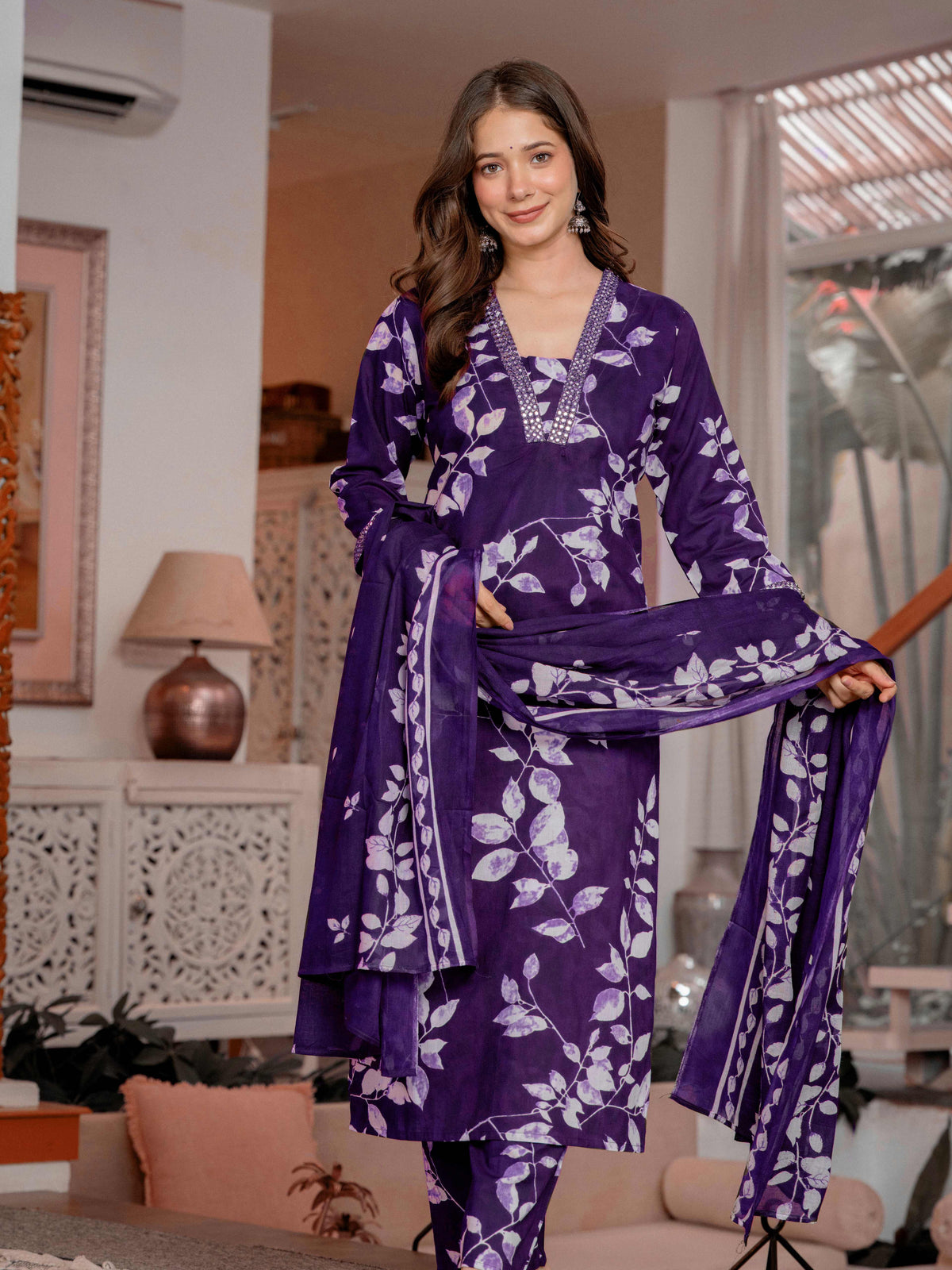 Cotton Printed straight Kurta Set with Pants & Dupatta