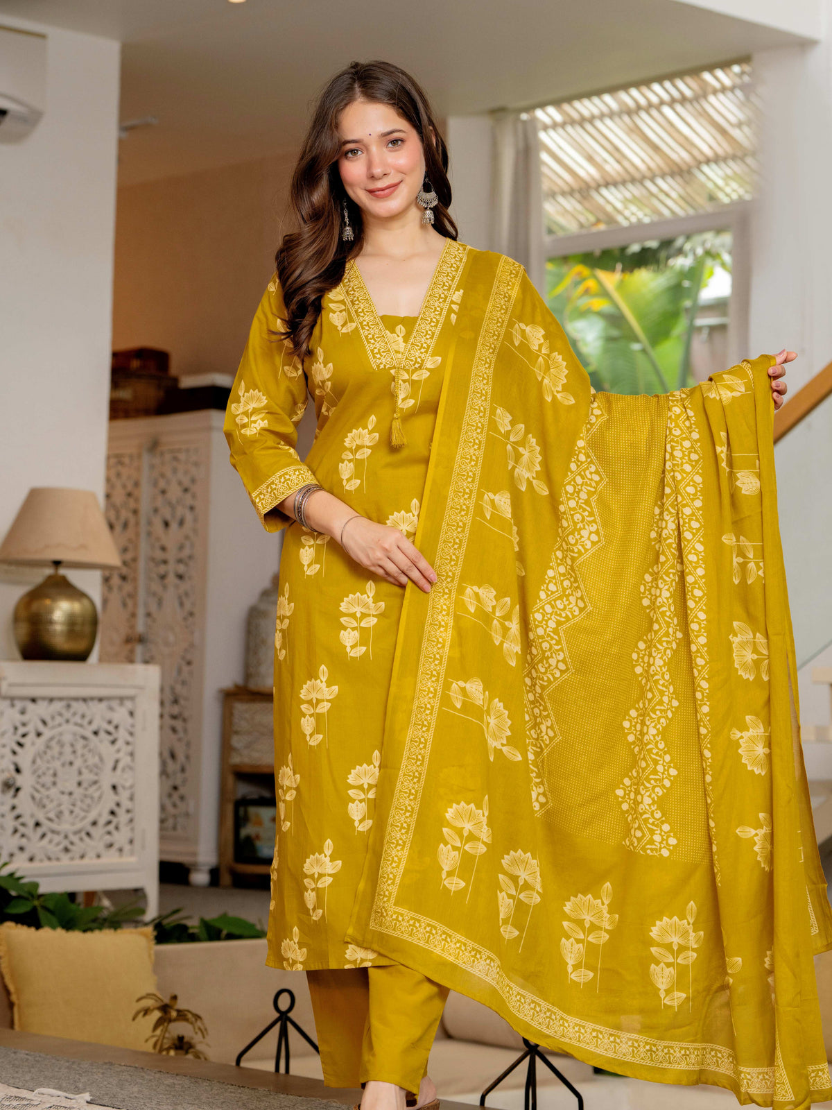 Gekha cotton Straight Kurta Set with Palazzo Pants & Dupatta Set
