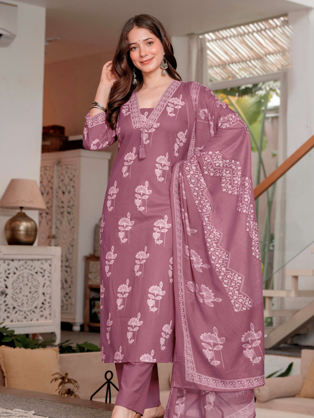 Gekha cotton Straight Kurta Set with Palazzo Pants & Dupatta Set