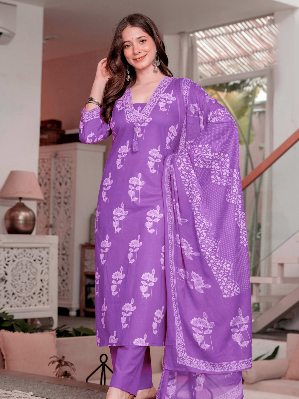 Gekha cotton Straight Kurta Set with Palazzo Pants & Dupatta Set