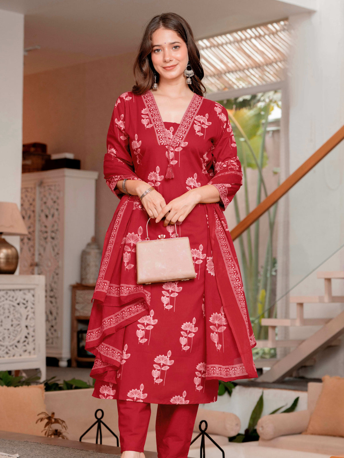 Gekha cotton Straight Kurta Set with Palazzo Pants & Dupatta Set