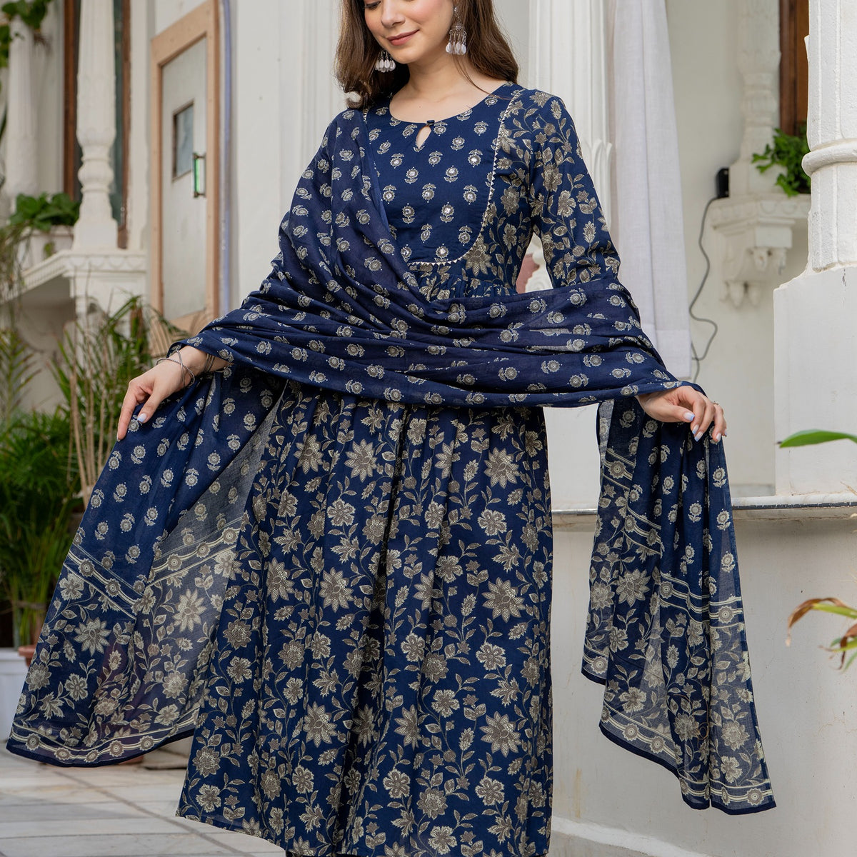 GEKHA Women's Printed A-Line Flared Mirror Work Kurta Pant with Dupatta Set |Floral Ethnic Suit Set |Kurta for Festive, Casual & Office Wear