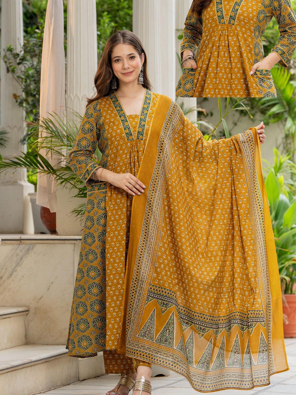 Printed A-Line Flared 2 Pockets Kurta Pant with Dupatta Set