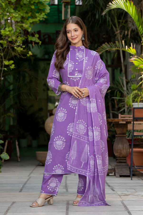 GEKHA Women's Pure Cotton Straight High Neck Kurta Set with Palazzo Pants & Dupatta|Ethnic wear|Kurta Set for Women