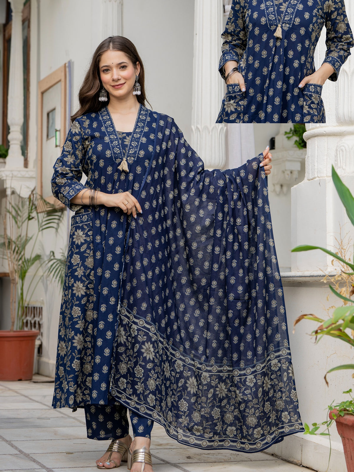 Printed A-Line Flared 2 Pockets Kurta Pant with Dupatta Set