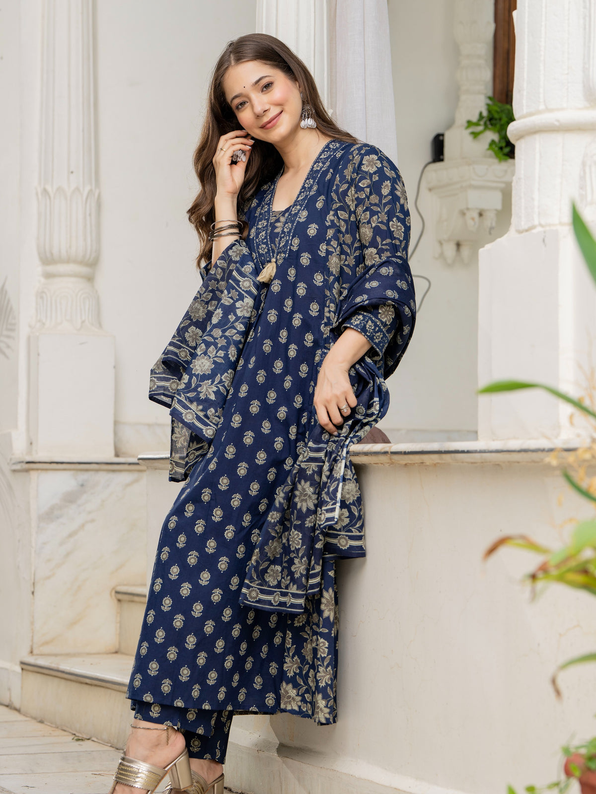 Printed A-Line Flared 2 Pockets Kurta Pant with Dupatta Set