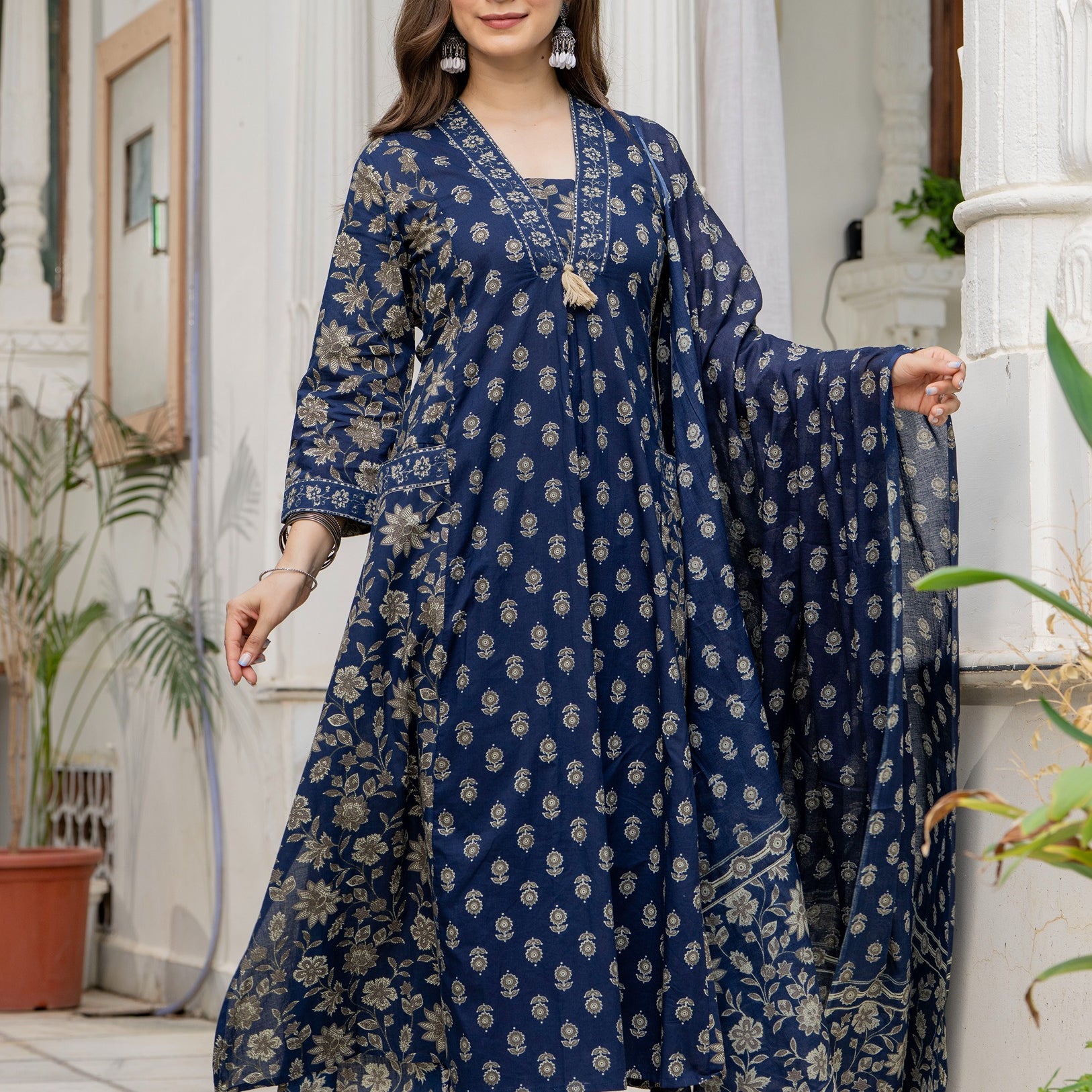 GEKHA Women's Printed A-Line Flared 2 Pockets Kurta Pant with Dupatta Set |Floral Ethnic Suit Set |Kurta for Festive, Casual & Office Wear