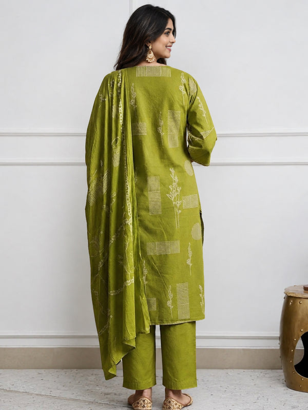 GEKHA Women's Olive Green Printed Cotton Blend Straight Kurta with Trouser Pant and Dupatta Set | Ethnic Kurti Set for