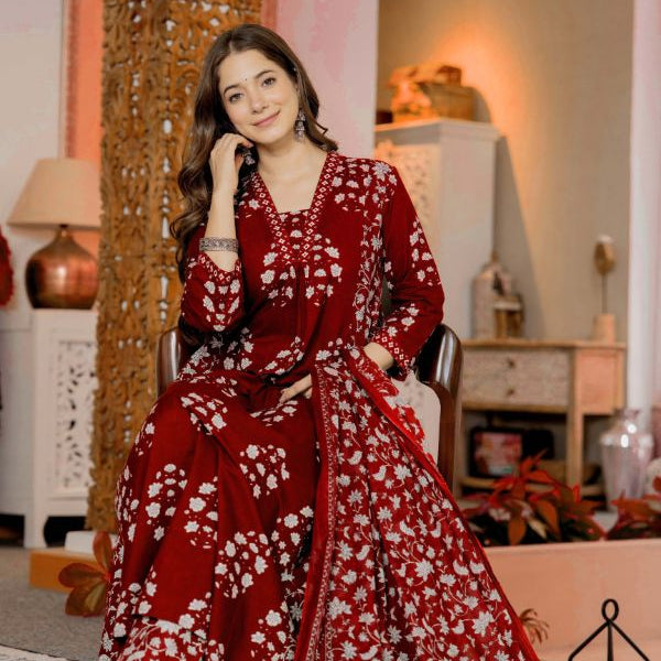 Floral Printed V-Neck Pure Cotton Anarkali Kurta With Trousers & Dupatta