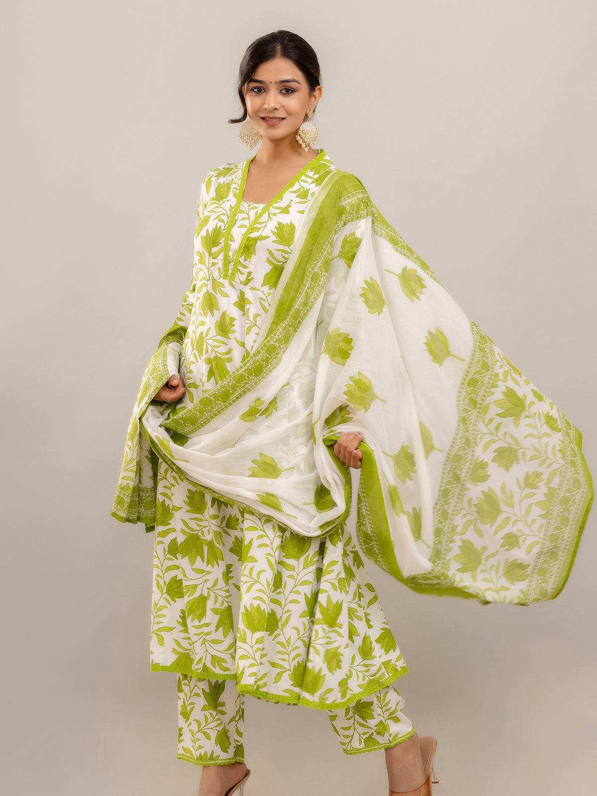 PARTHVI Women's Printed Anarkali Kurta With Palazzo & Dupatta Set