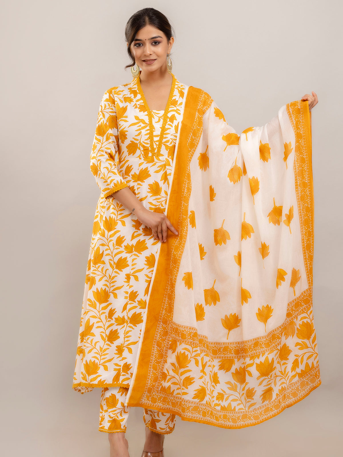 PARTHVI Women's Printed Anarkali Kurta With Palazzo & Dupatta Set