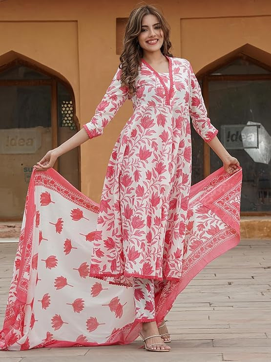 PARTHVI Women's Printed Anarkali Kurta With Palazzo & Dupatta Set