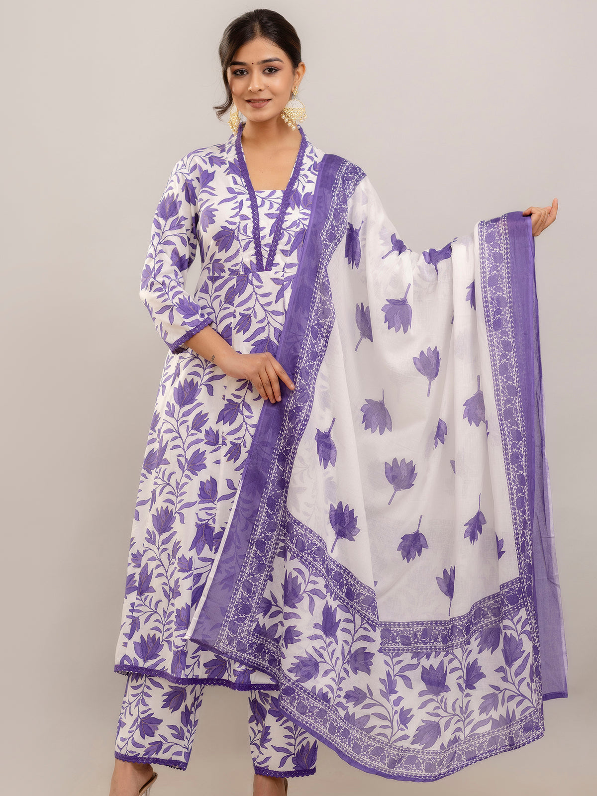 PARTHVI Women's Printed Anarkali Kurta With Palazzo & Dupatta Set