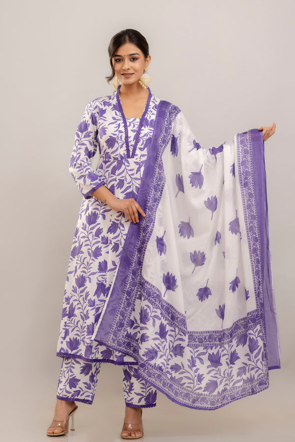 PARTHVI Women's Printed Anarkali Kurta With Palazzo & Dupatta Set