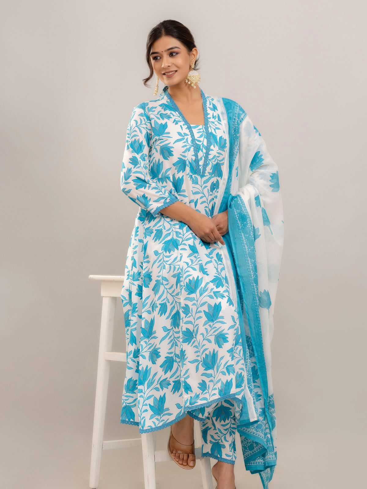 PARTHVI Women's Printed Anarkali Kurta With Palazzo & Dupatta Set