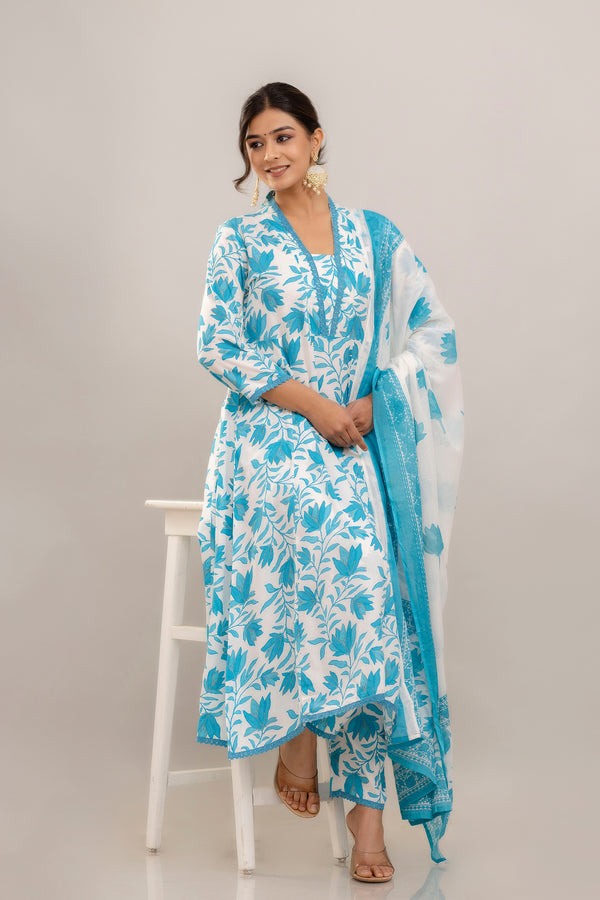 PARTHVI Women's Printed Anarkali Kurta With Palazzo & Dupatta Set