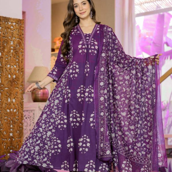 Floral Printed V-Neck Pure Cotton Anarkali Kurta With Trousers & Dupatta