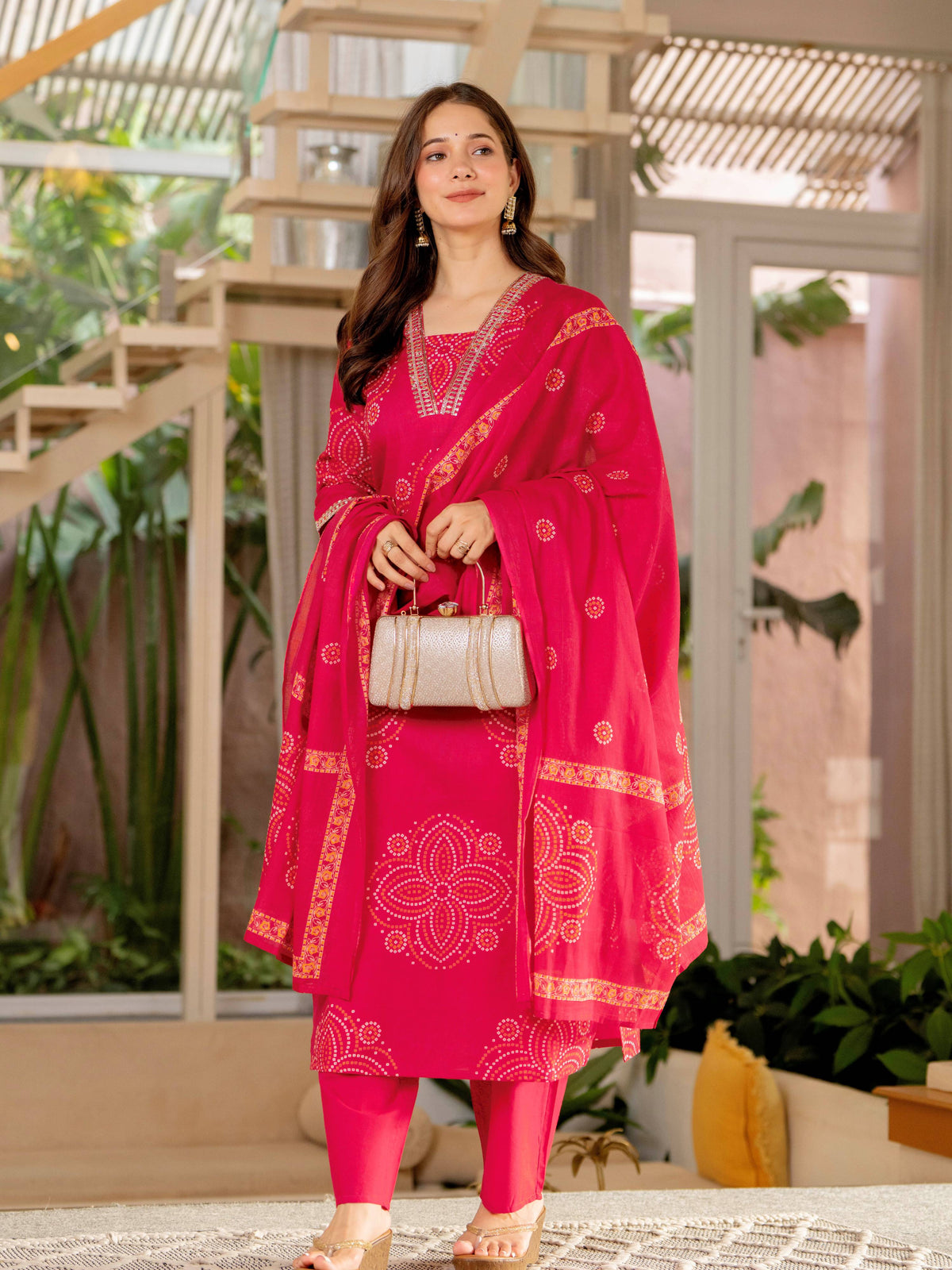 Pure Cotton Straight Kurta Set with Palazzo Pants & Dupatta