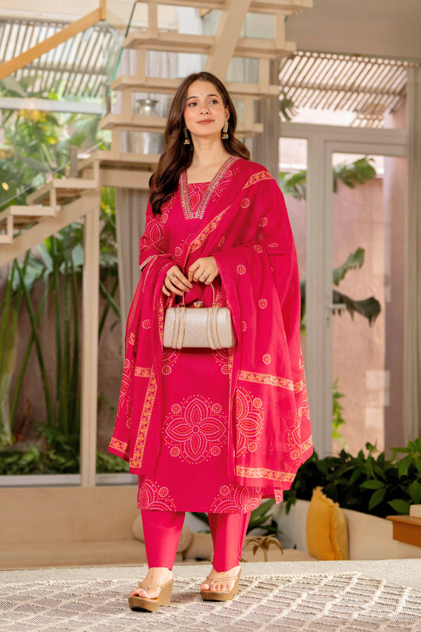 Pure Cotton Straight Kurta Set with Palazzo Pants & Dupatta