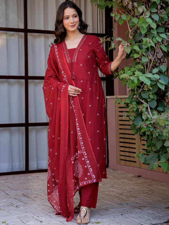 Women's Pure Cotton Printed Straight Kurta Set with Palazzo Pants & Dupatta- Ethnic Wear