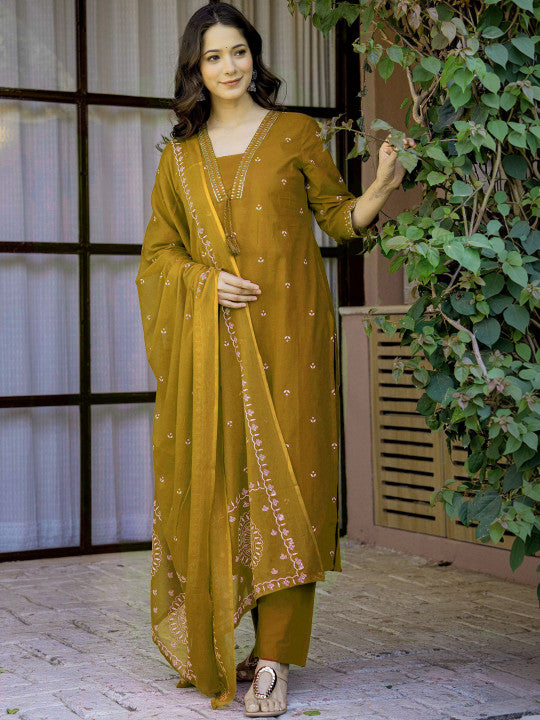 Women's Pure Cotton Printed Straight Kurta Set with Palazzo Pants & Dupatta