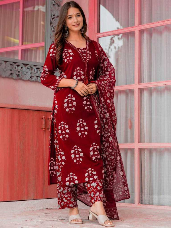 Women's Pure Cotton Printed Straight Kurta Set with Palazzo Pants & Dupatta