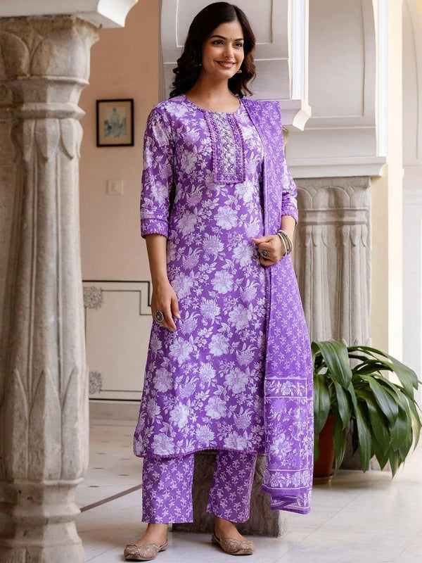 Floral Printed Round Neck Thread Work Pure Cotton Kurta With Trousers & Dupatta