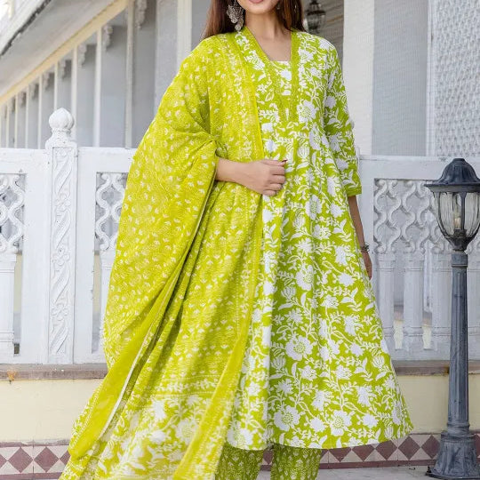 Elegant Floral Cotton Anarkali Suit Set with Dupatta