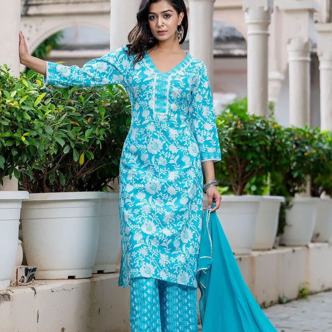 Floral Printed Thread Work Straight Kurta With Trousers & Dupatta