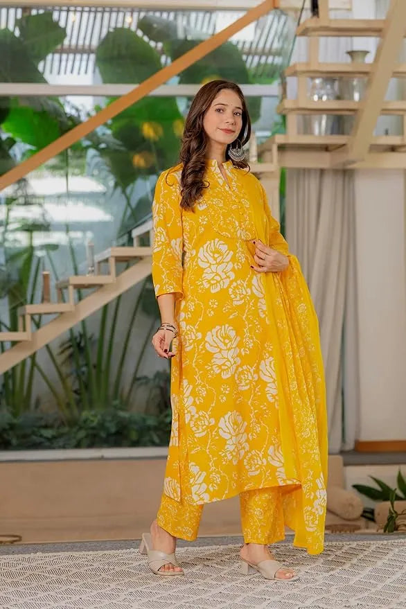 Floral Printed Pure Cotton Mandarin Collar Kurta With Palazzos & Dupatta