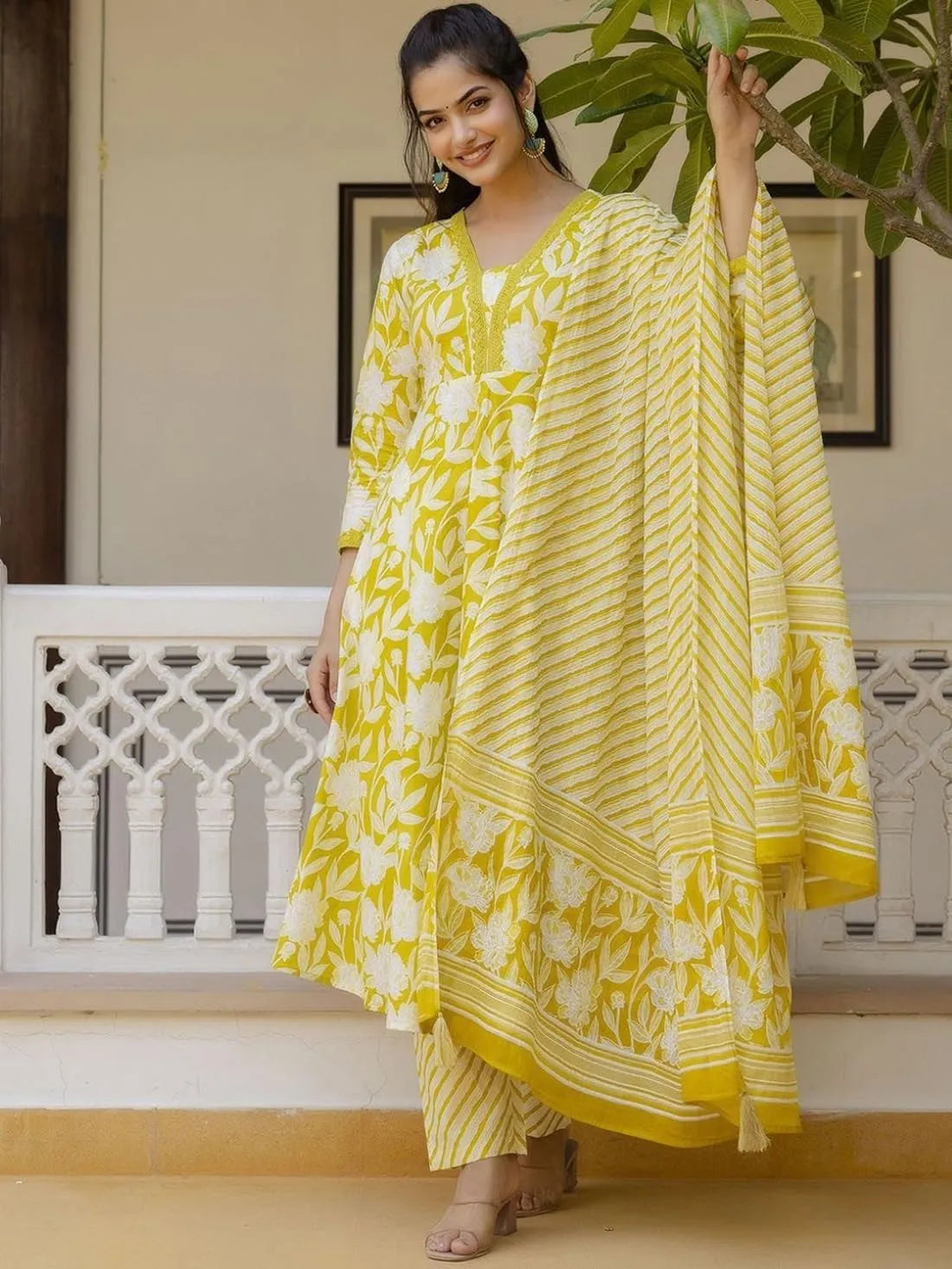 Women's Printed Cotton Anarkali Kurta & Pant With Dupatta Set