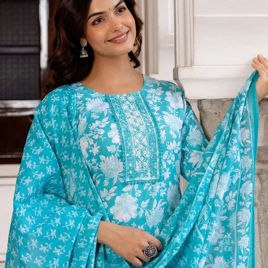 Floral Printed Round Neck Thread Work Pure Cotton Kurta With Trousers & Dupatta
