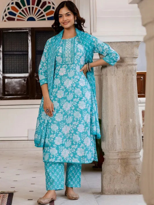 Floral Printed Round Neck Thread Work Pure Cotton Kurta With Trousers & Dupatta