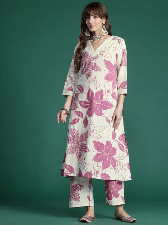 Women's Floral Printed Pure Cotton A-Line Kurta with Palazzos