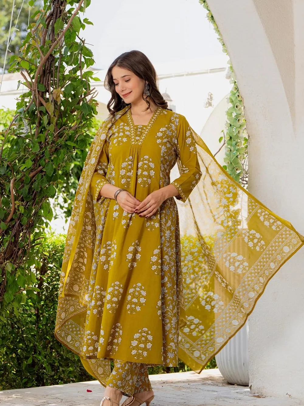 Floral Printed V-Neck Pure Cotton Anarkali Kurta With Trousers & Dupatta