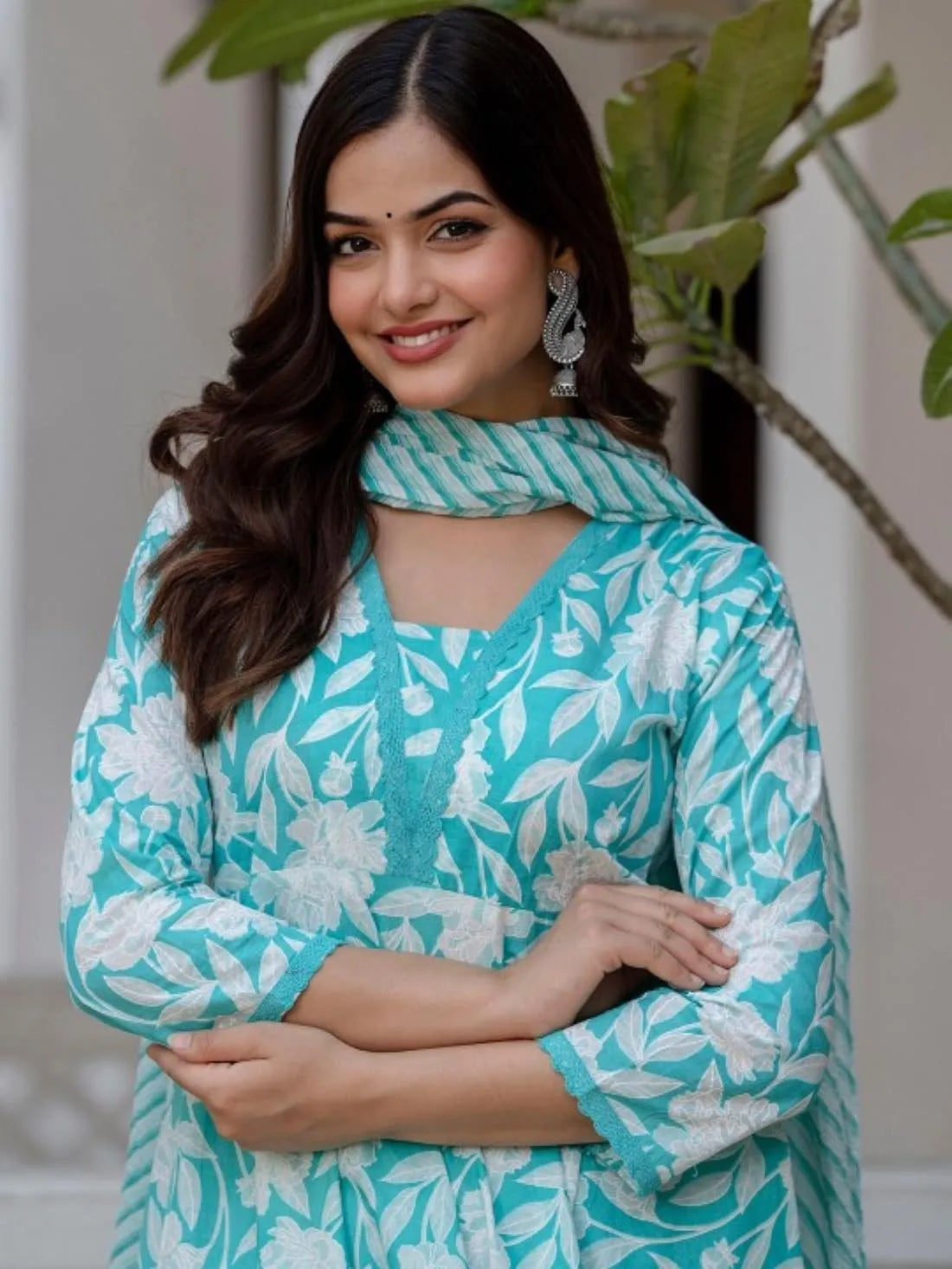 Women's Printed Cotton Anarkali Kurta & Pant With Dupatta Set