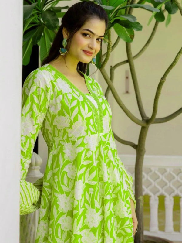 Women's Printed Cotton Anarkali Kurta & Pant With Dupatta Set