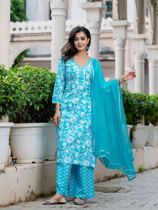 Floral Printed Thread Work Straight Kurta With Trousers & Dupatta