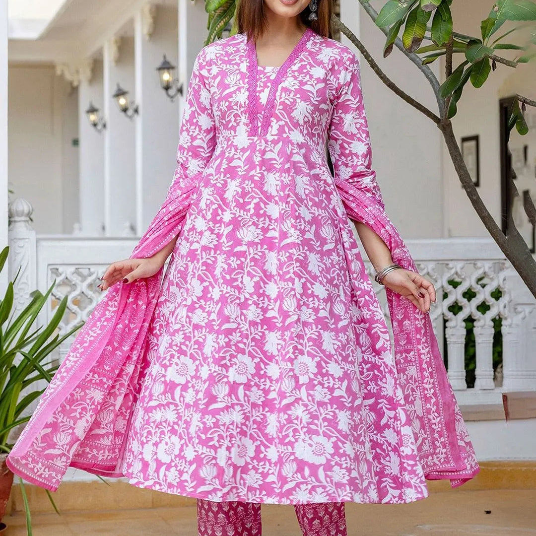 Elegant Floral Cotton Anarkali Suit Set with Dupatta