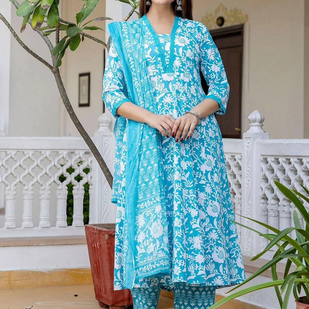 Elegant Floral Cotton Anarkali Suit Set with Dupatta